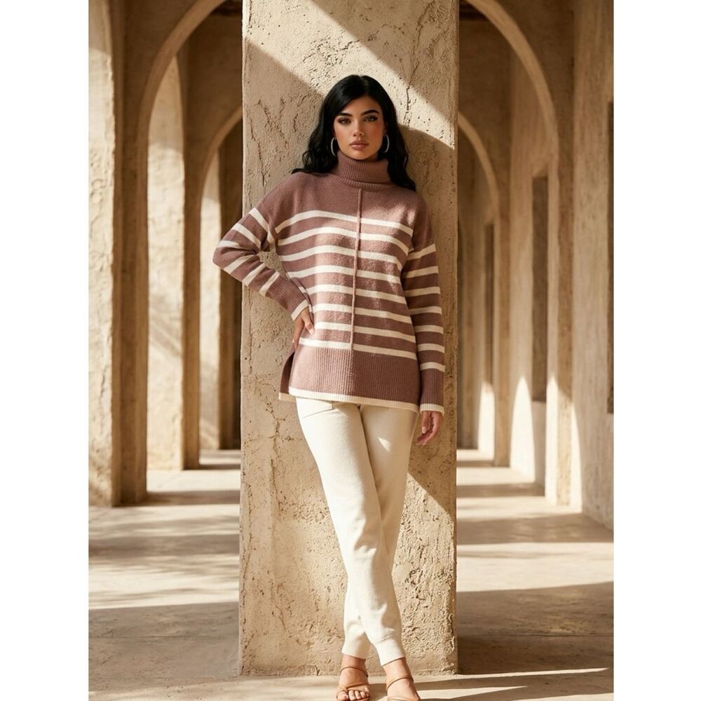 NWT Line & Dot Women’s Brown Cream Stripe Long SleeveTurtleneck Sweater - Size L